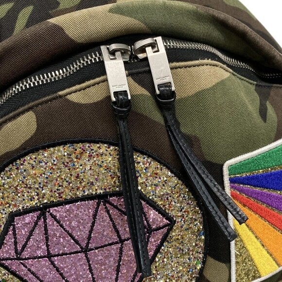 SAINT LAURENT PARIS - 437087 Khaki Black Multi Canvas Leather Backpack - Picture 11 of 15